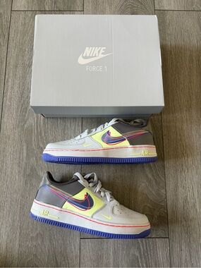 Nike Kids Sneakers in White, Gray, Neon Yellow & Blue